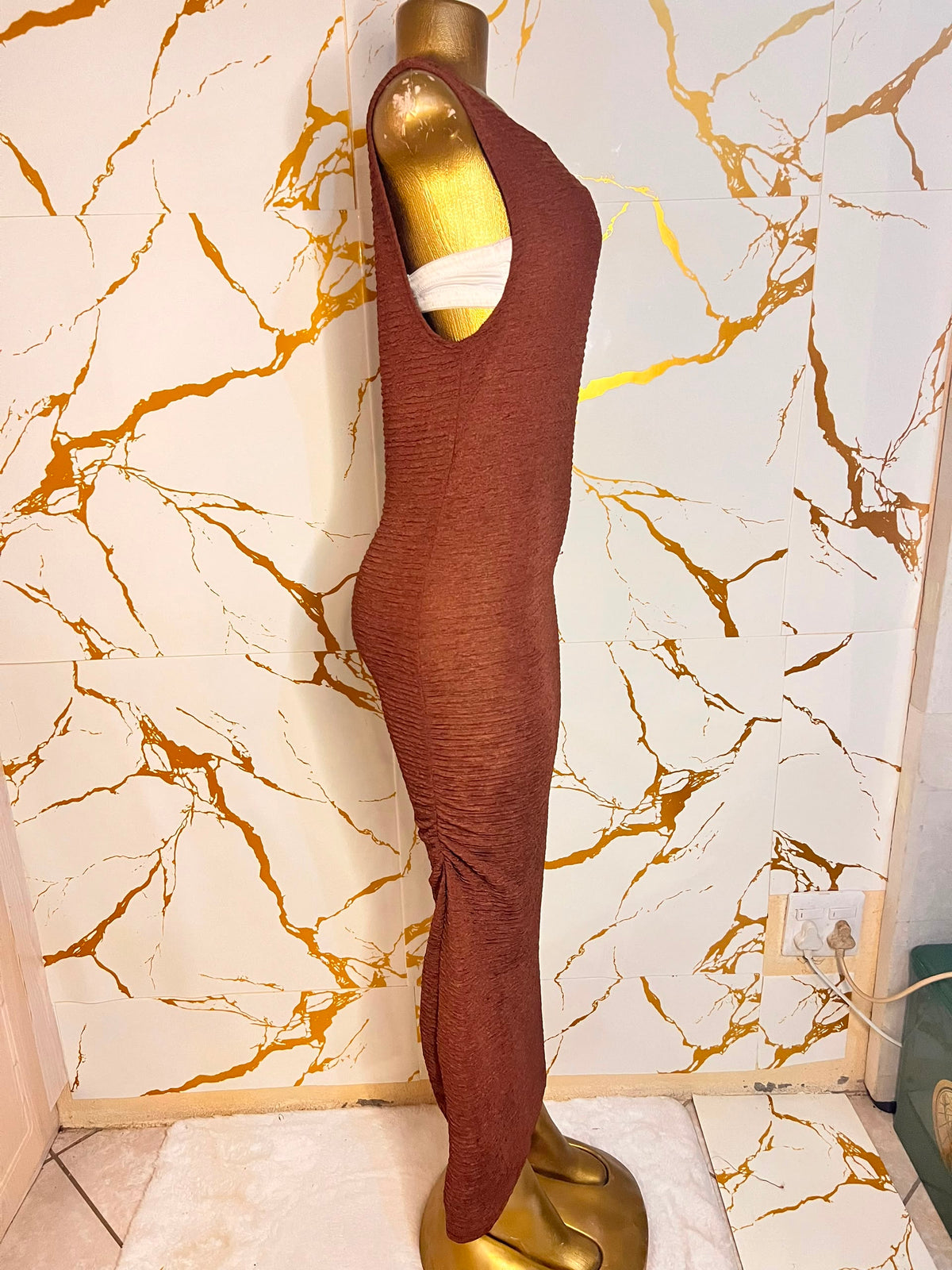 Rust-brown one-shoulder dress