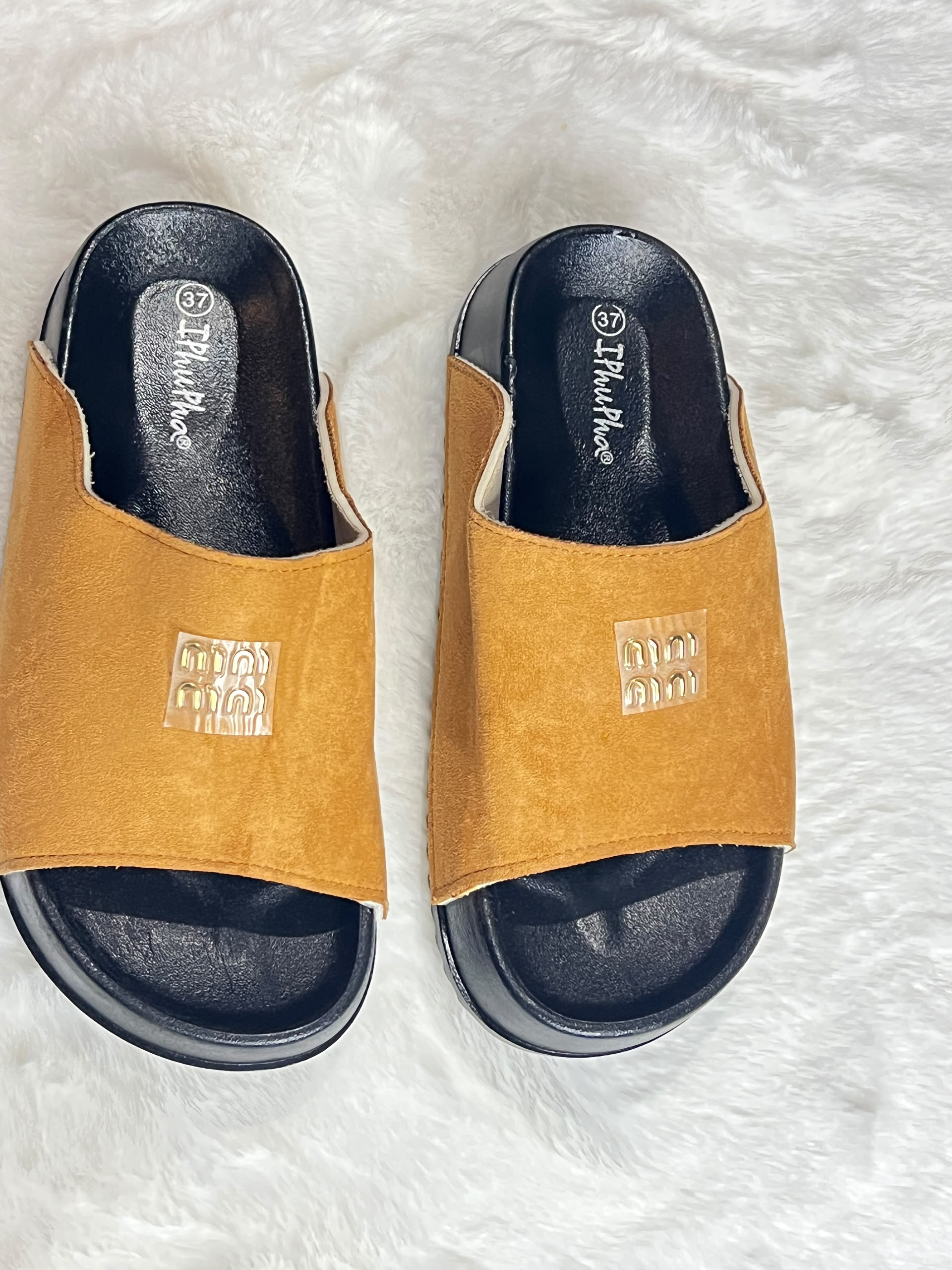 Slide sandles with mustard suede top