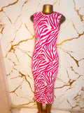A sleeveless bodycon dress with a bold pink and white zebra-like pattern
