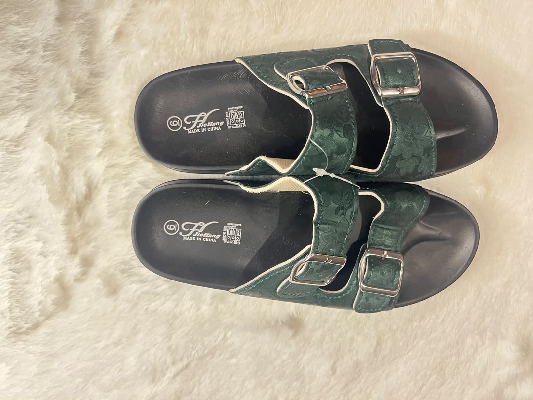 Dark green double-strap slide sandals
