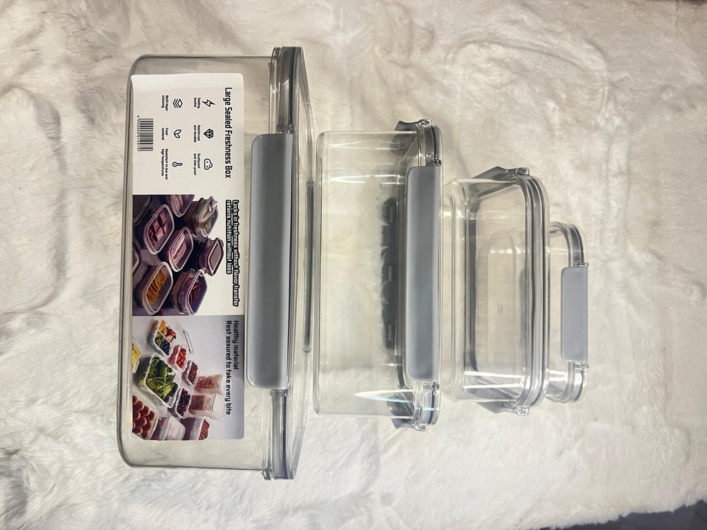 Set of three clear plastic storage containers with gray lids 