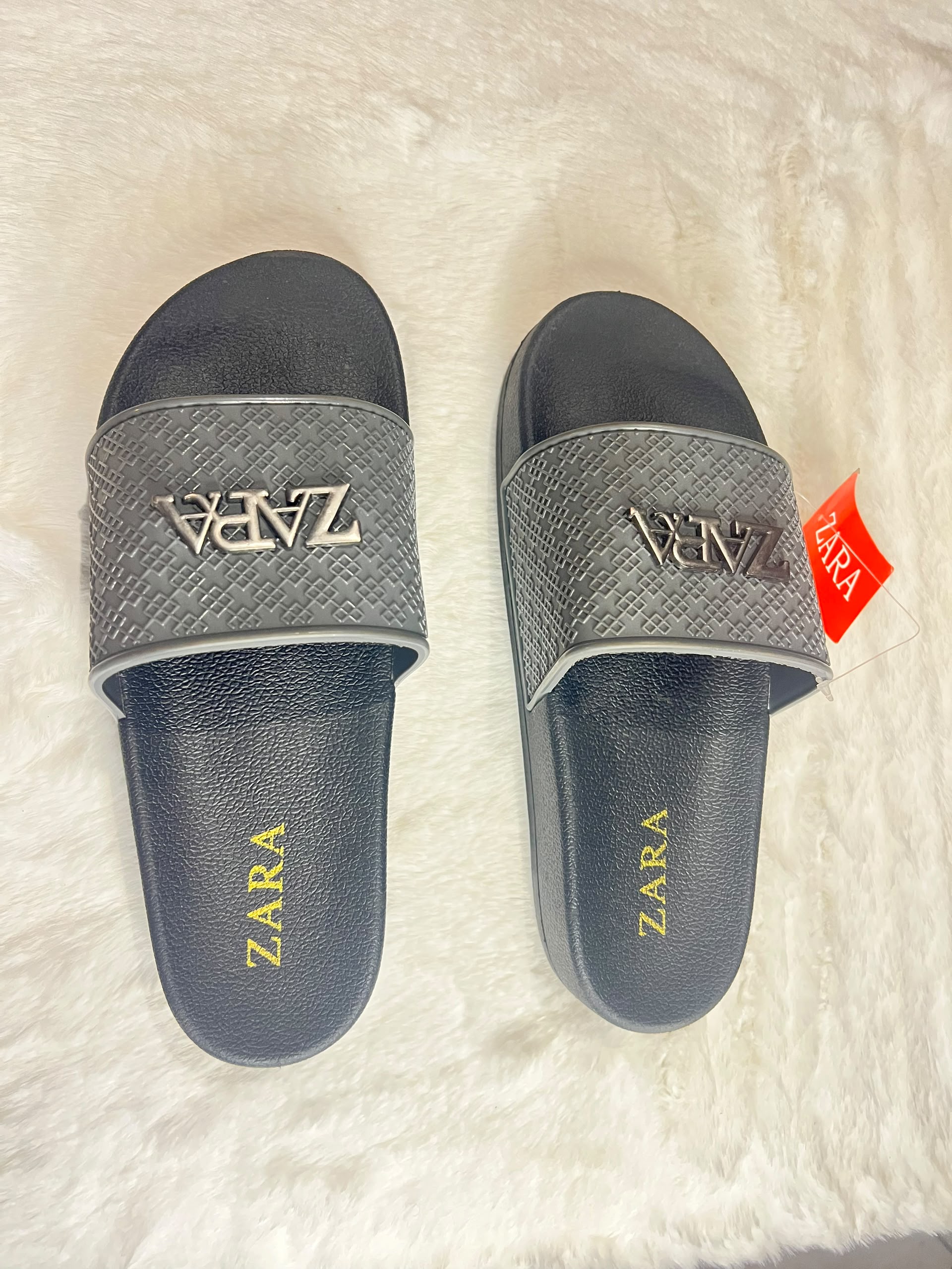 Zara slide sandals with a textured gray strap