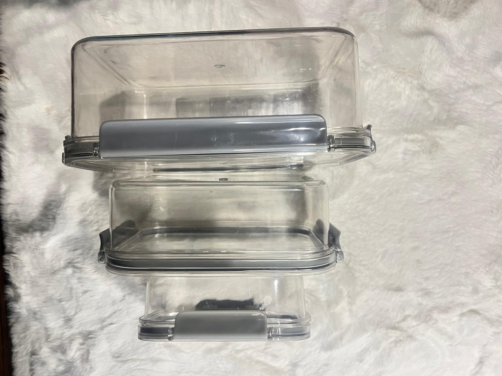 Set of four large clear plastic storage containers with gray lids