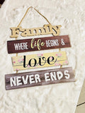 A rustic multi-tiered wooden hanging sign with the words 'Family', 'WHERE life BEGINS &', 'love' 