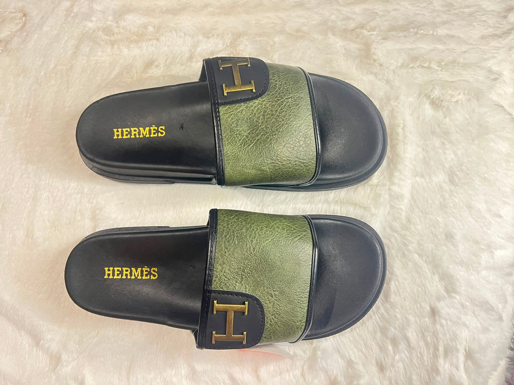 Hermès slide sandals with olive green textured straps
