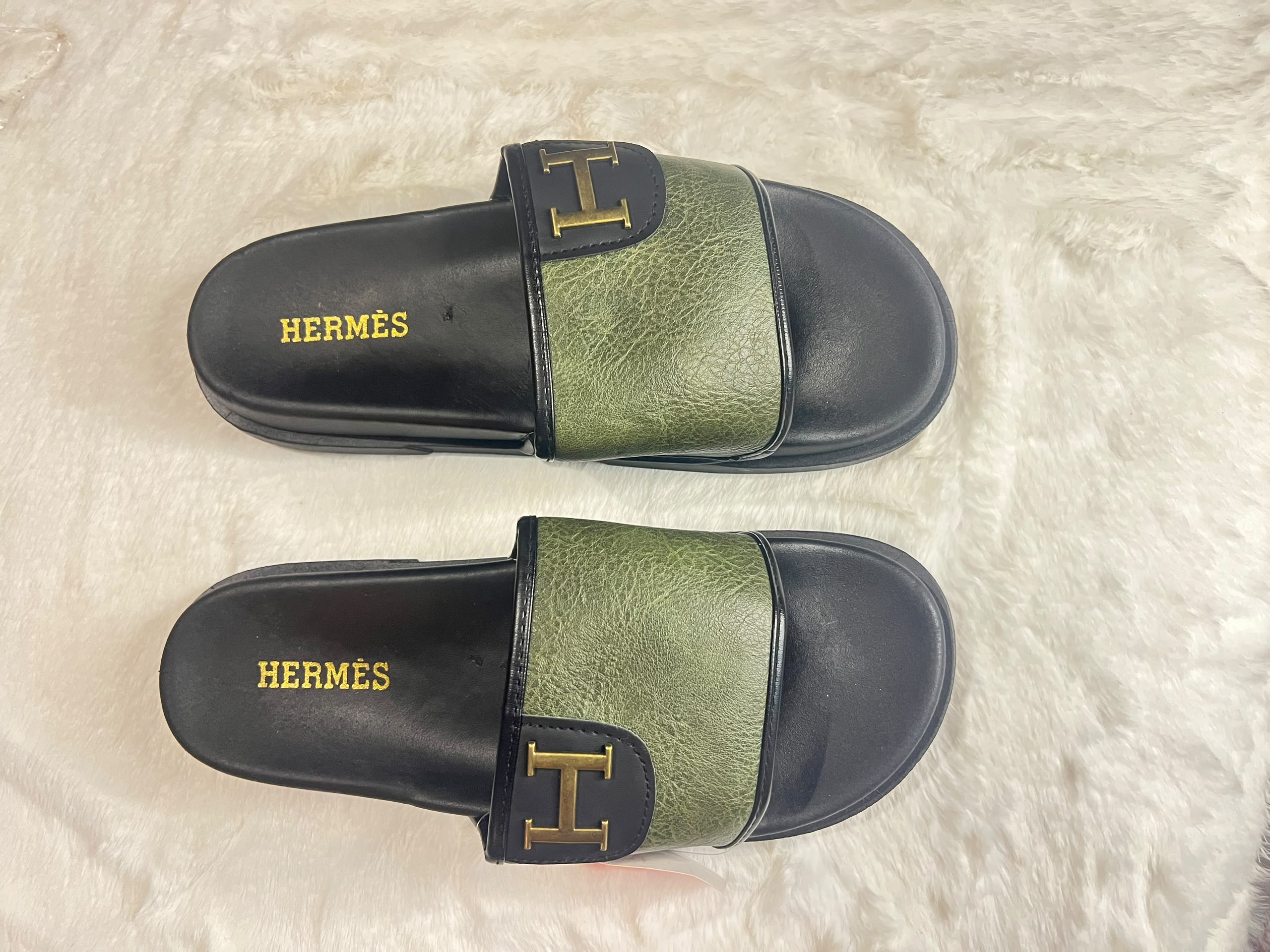 Hermès slide sandals with olive green textured straps