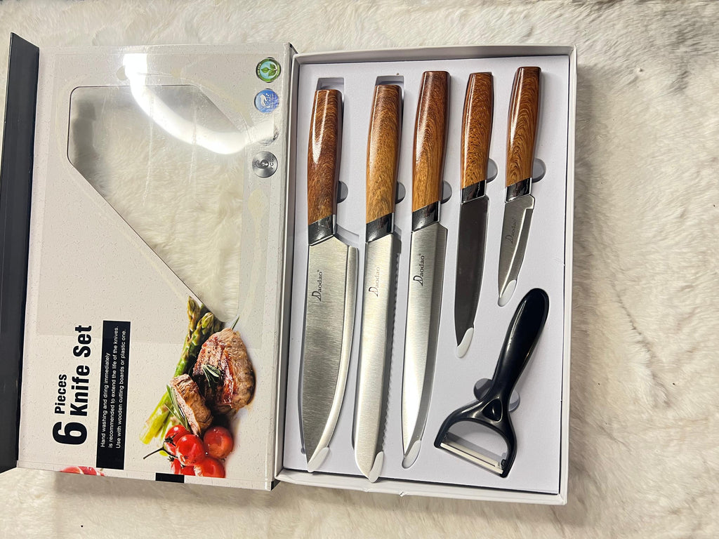 A 6-piece kitchen knife set with wooden handles and a black peeler