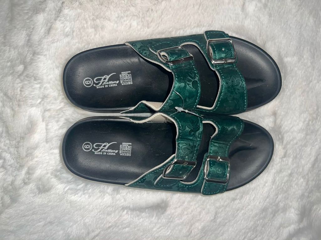 Dark green double-strap slide sandals