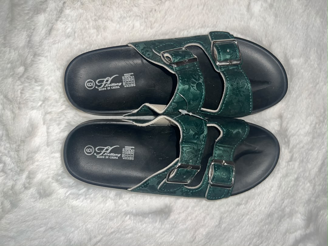Dark green double-strap slide sandals
