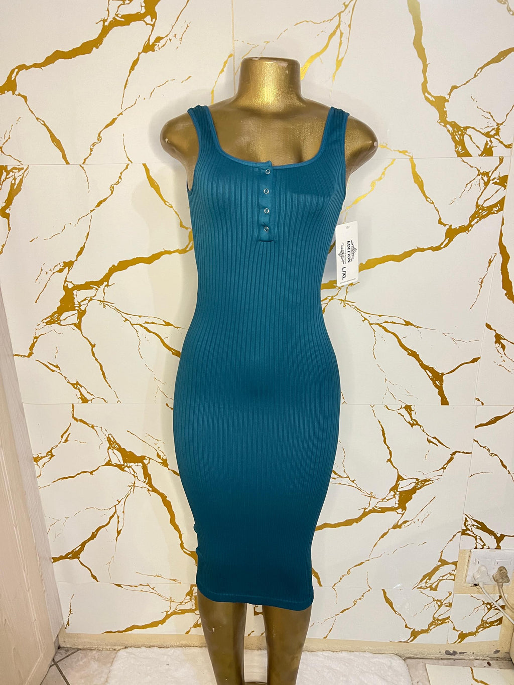 teal blue ribbed sleeveless bodycon dress