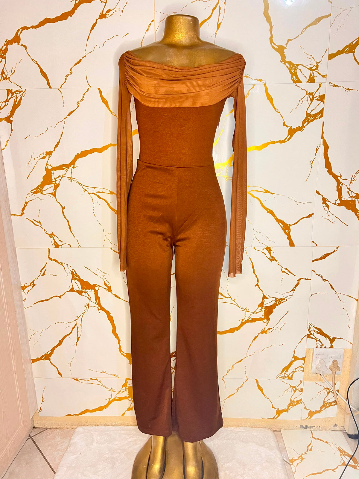 Rust-brown off-the-shoulder jumpsuit