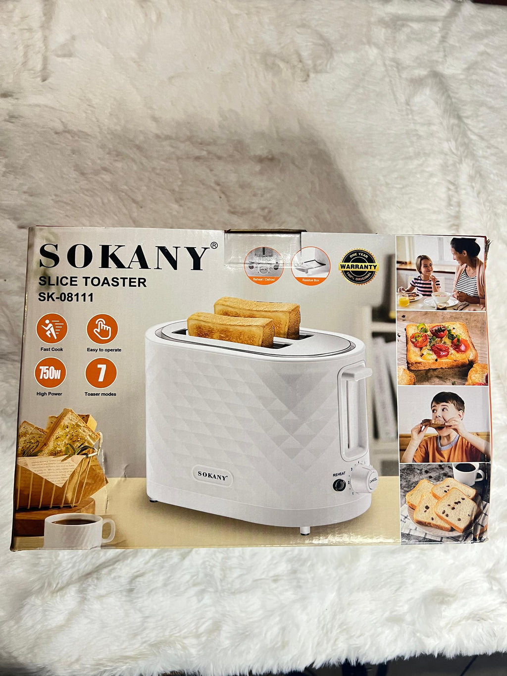Sokany slice toaster in its original retail packaging,