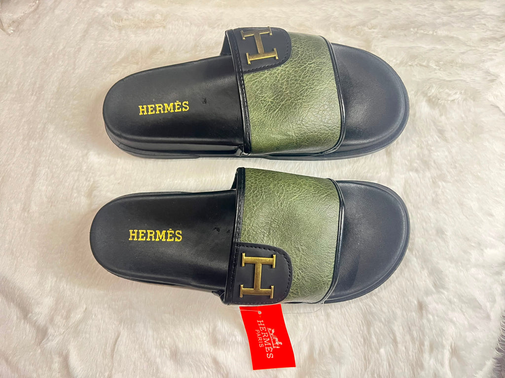 Hermès slide sandals with olive green textured straps