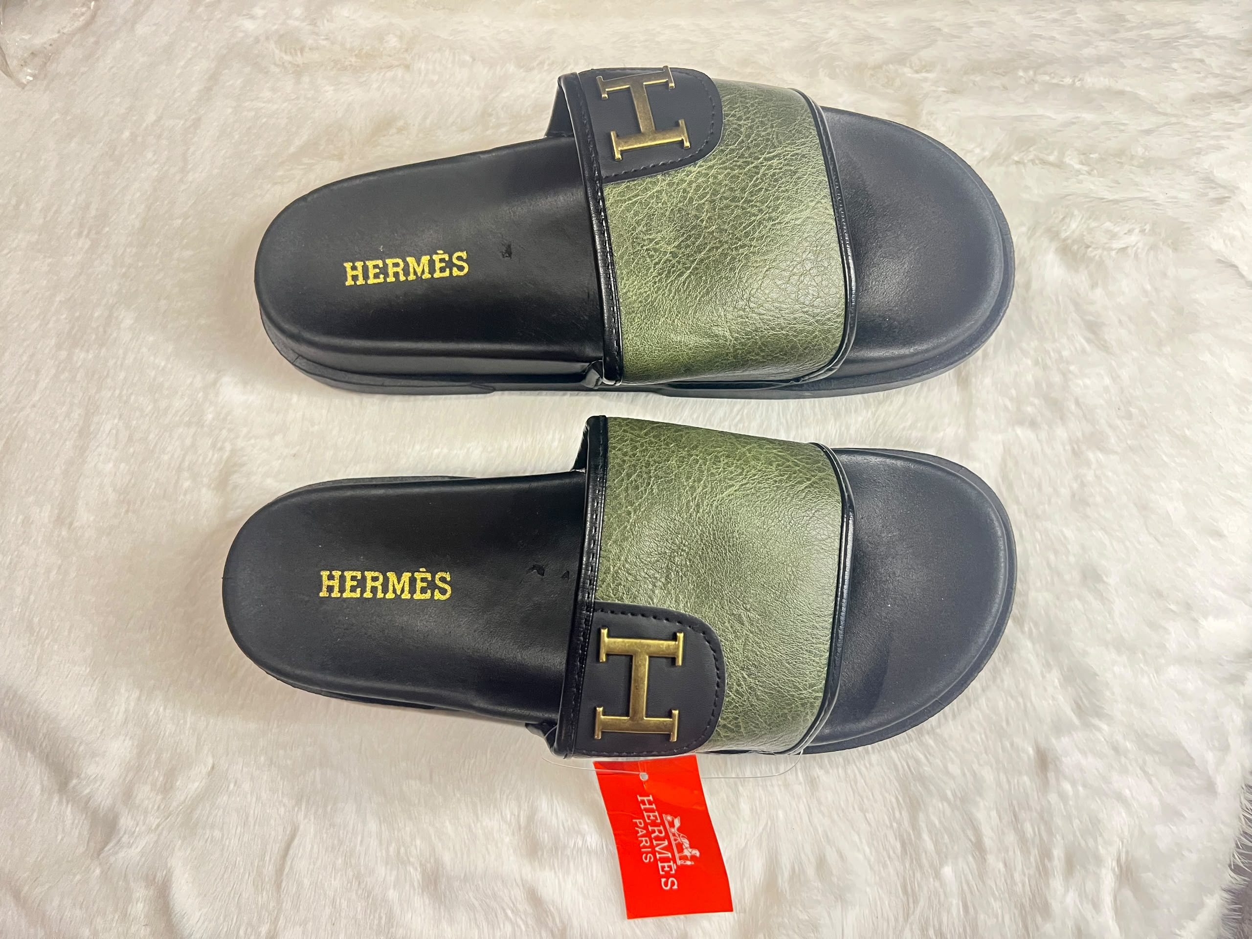 Hermès slide sandals with olive green textured straps