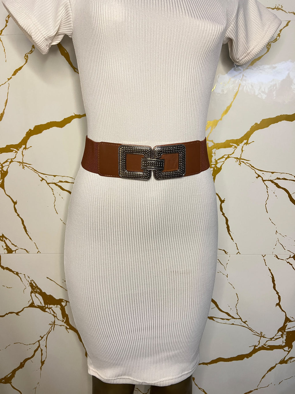 Brown wide belt with a large square buckle