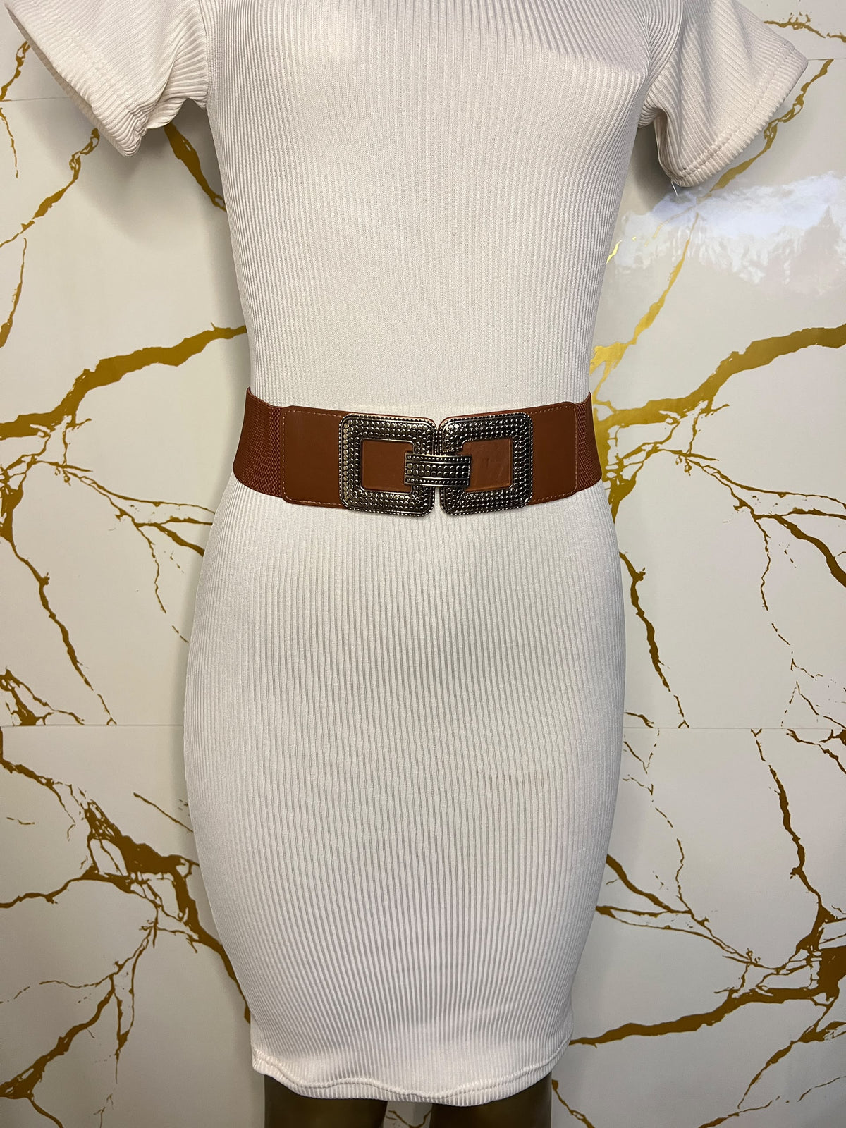 Brown wide belt with a large square buckle