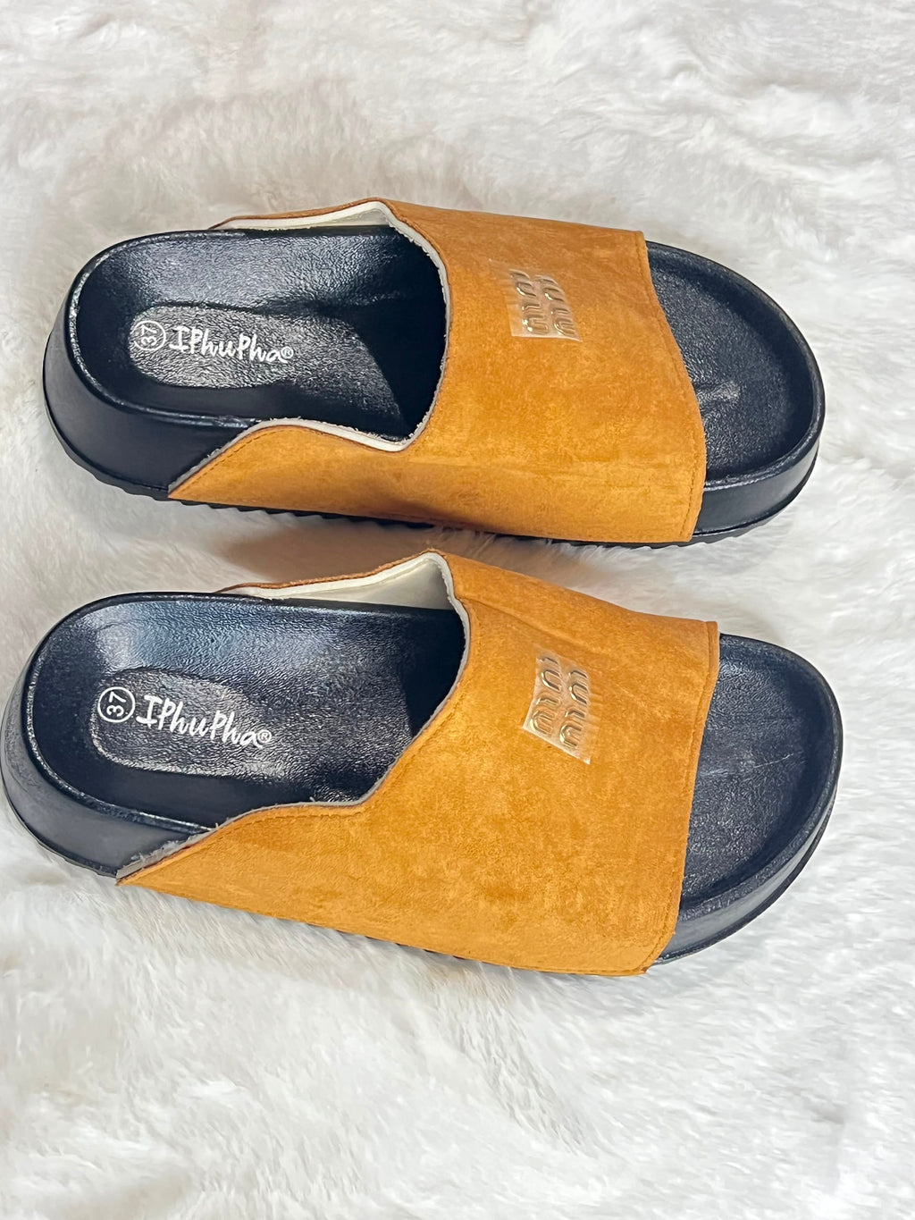 Slide sandles with mustard suede top