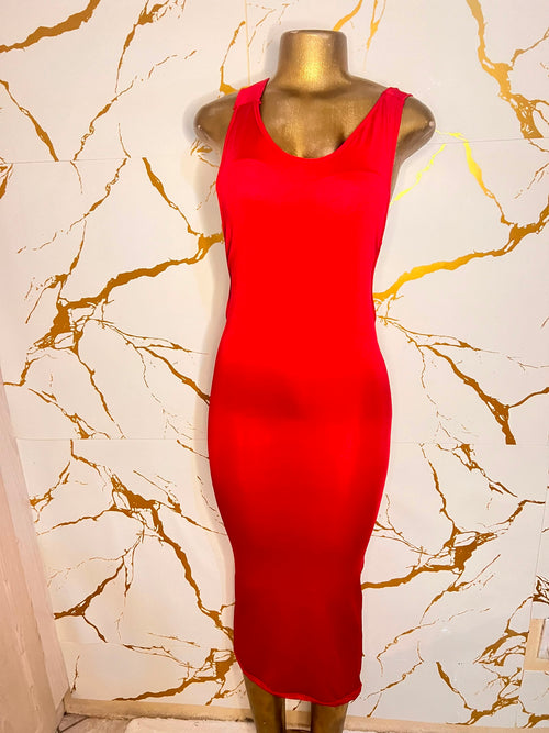 A bright red sleeveless bodycon dress 