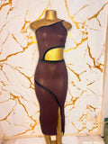 A one-shoulder ribbed mesh midi dress in dark brown with black trim