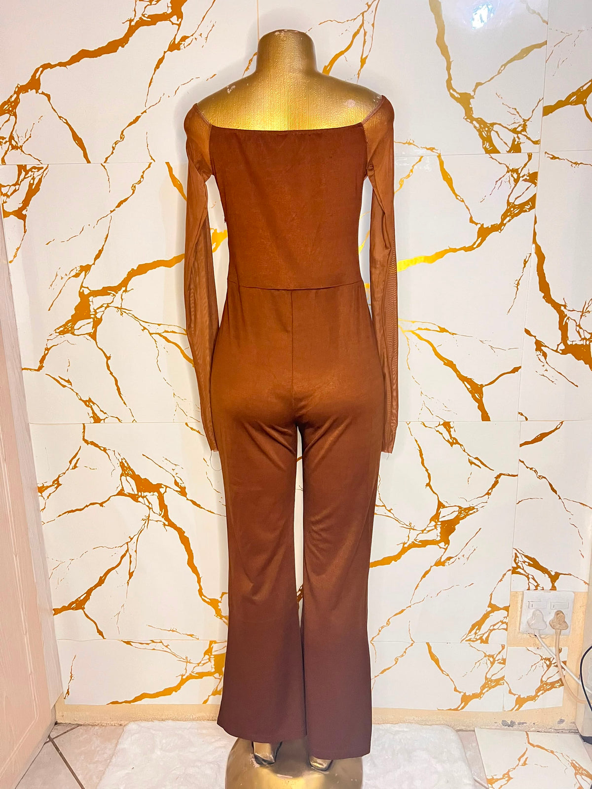 Rust-brown off-the-shoulder jumpsuit