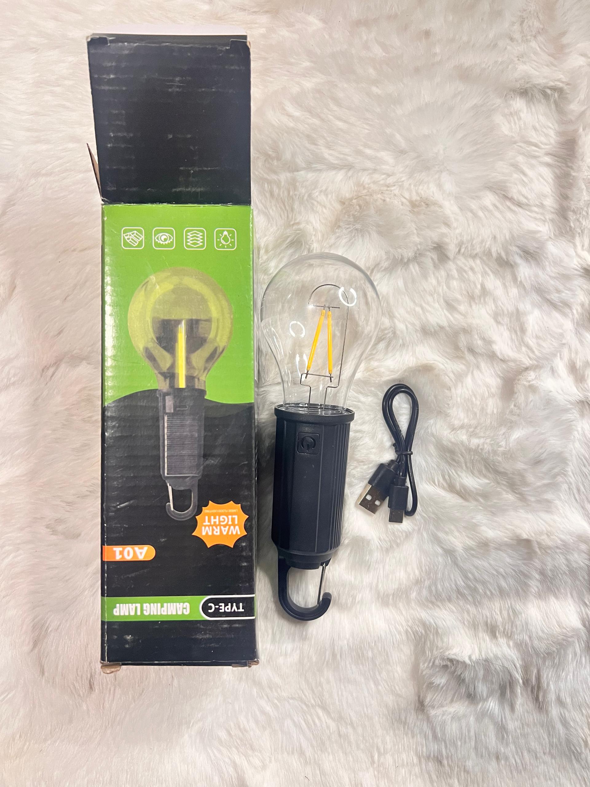 A 10V LED filament light bulb with a black base and USB charging cable