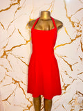 bright red halter-neck dress 