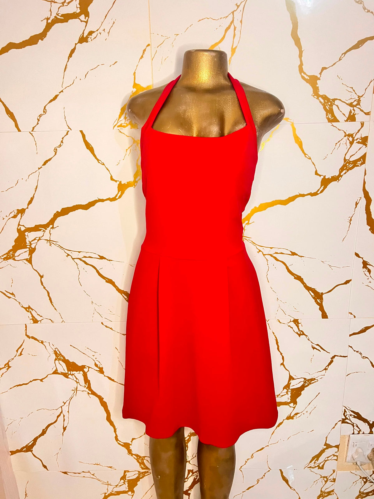 bright red halter-neck dress 