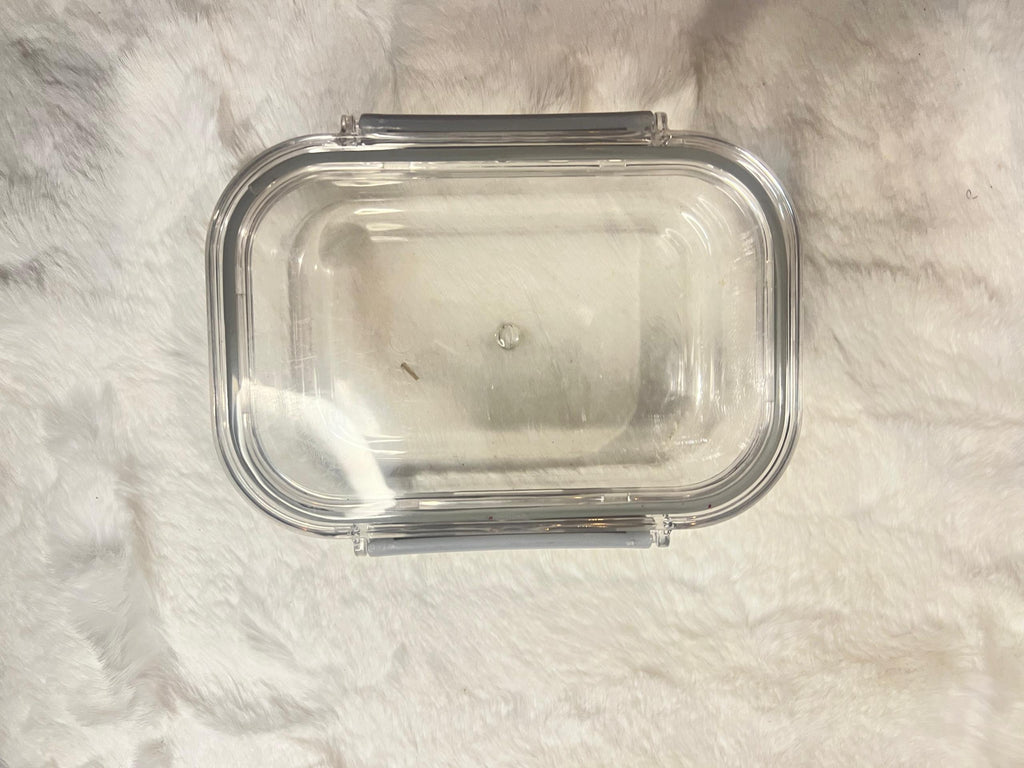 Set of four large clear plastic storage containers with gray lids