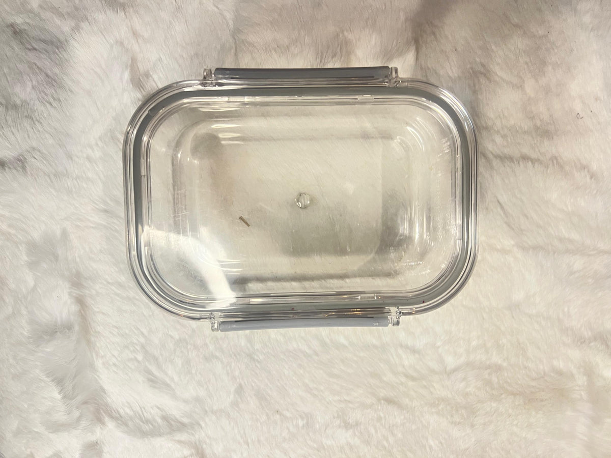 Set of four large clear plastic storage containers with gray lids