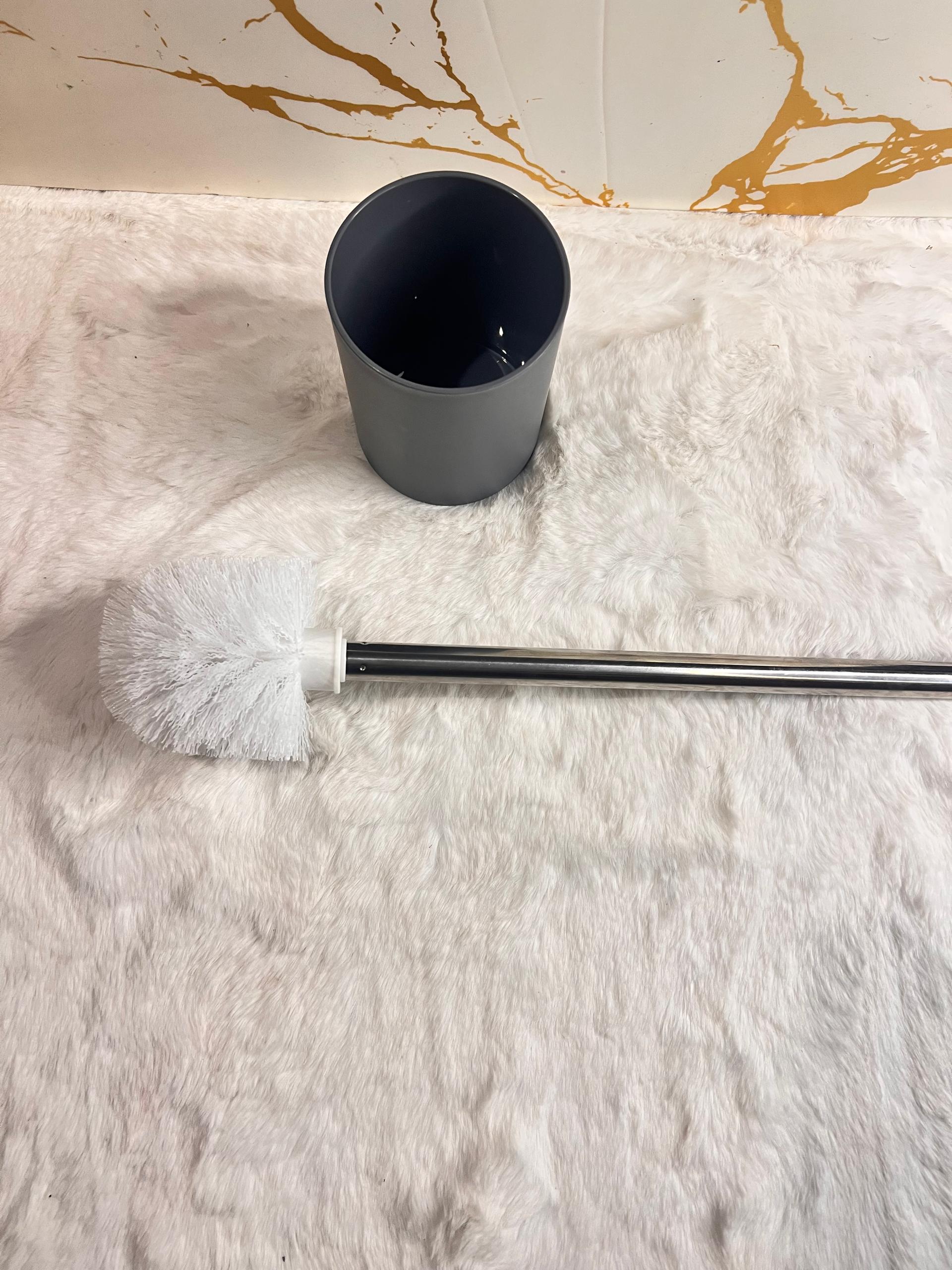Toilet brush with white bristles and a silver metal handle