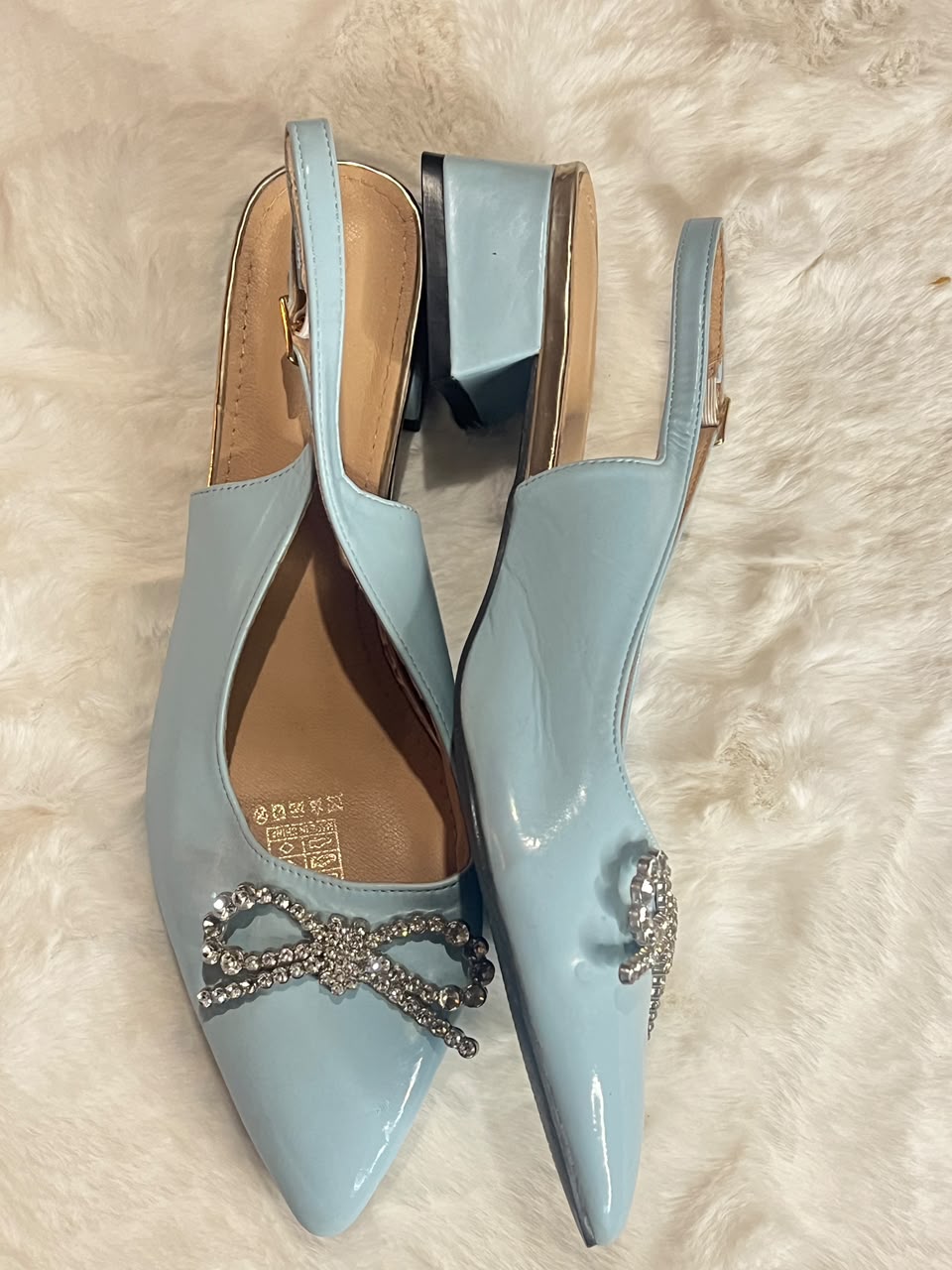 light blue patent leather slingback pointed-toe flats