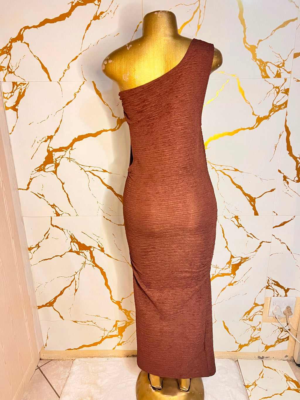 Rust-brown one-shoulder dress