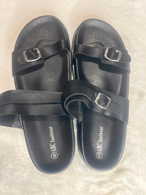 A pair of black slide sandals with double straps