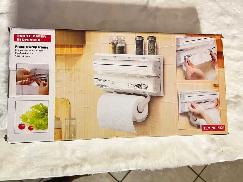 Boxed product for a triple paper dispenser plastic wrap frame