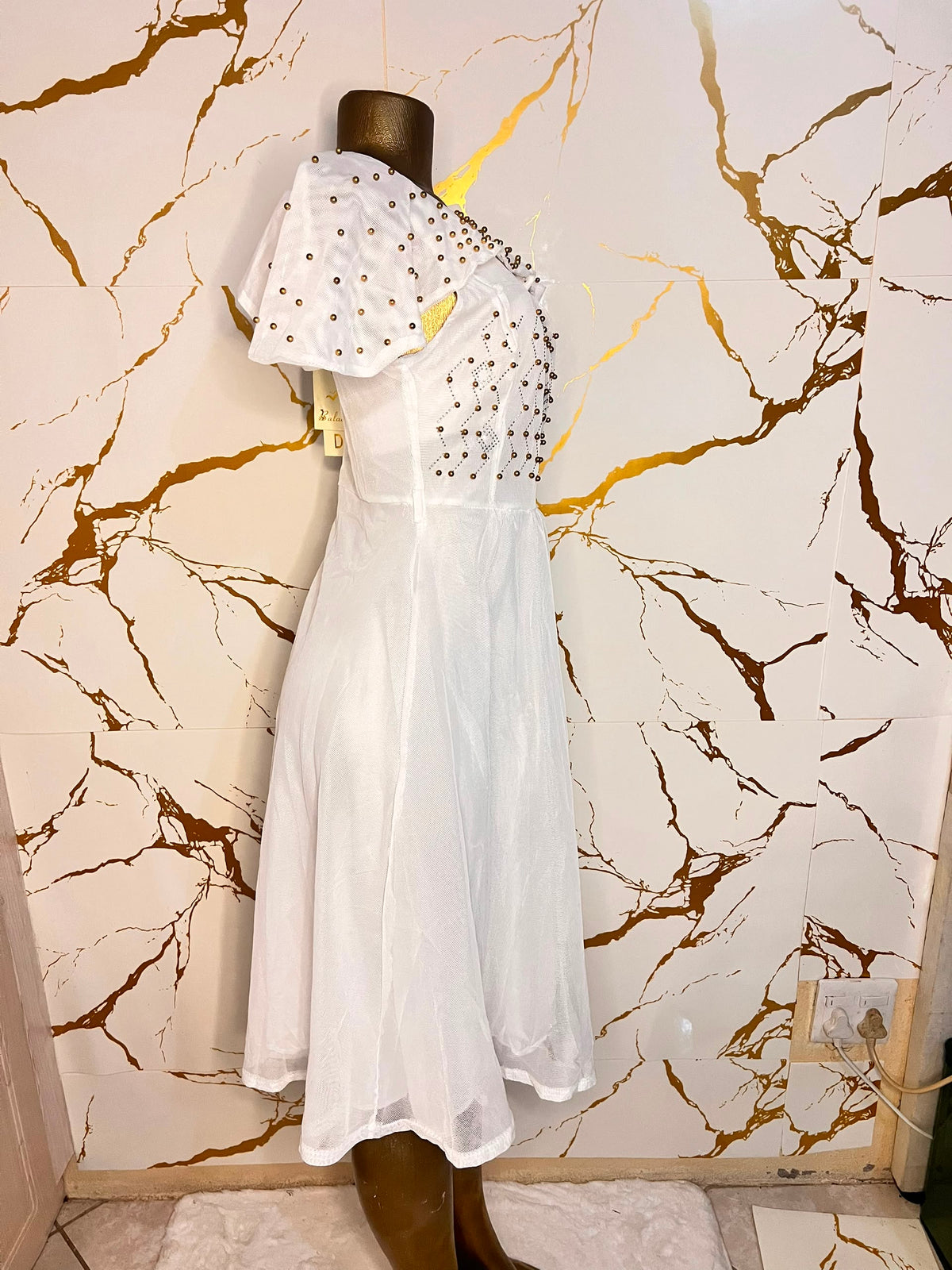 White short-sleeve midi dress with a sheer embroidered bodice and flared skirt