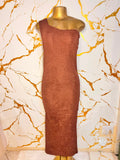 A rust-brown one-shoulder dress 