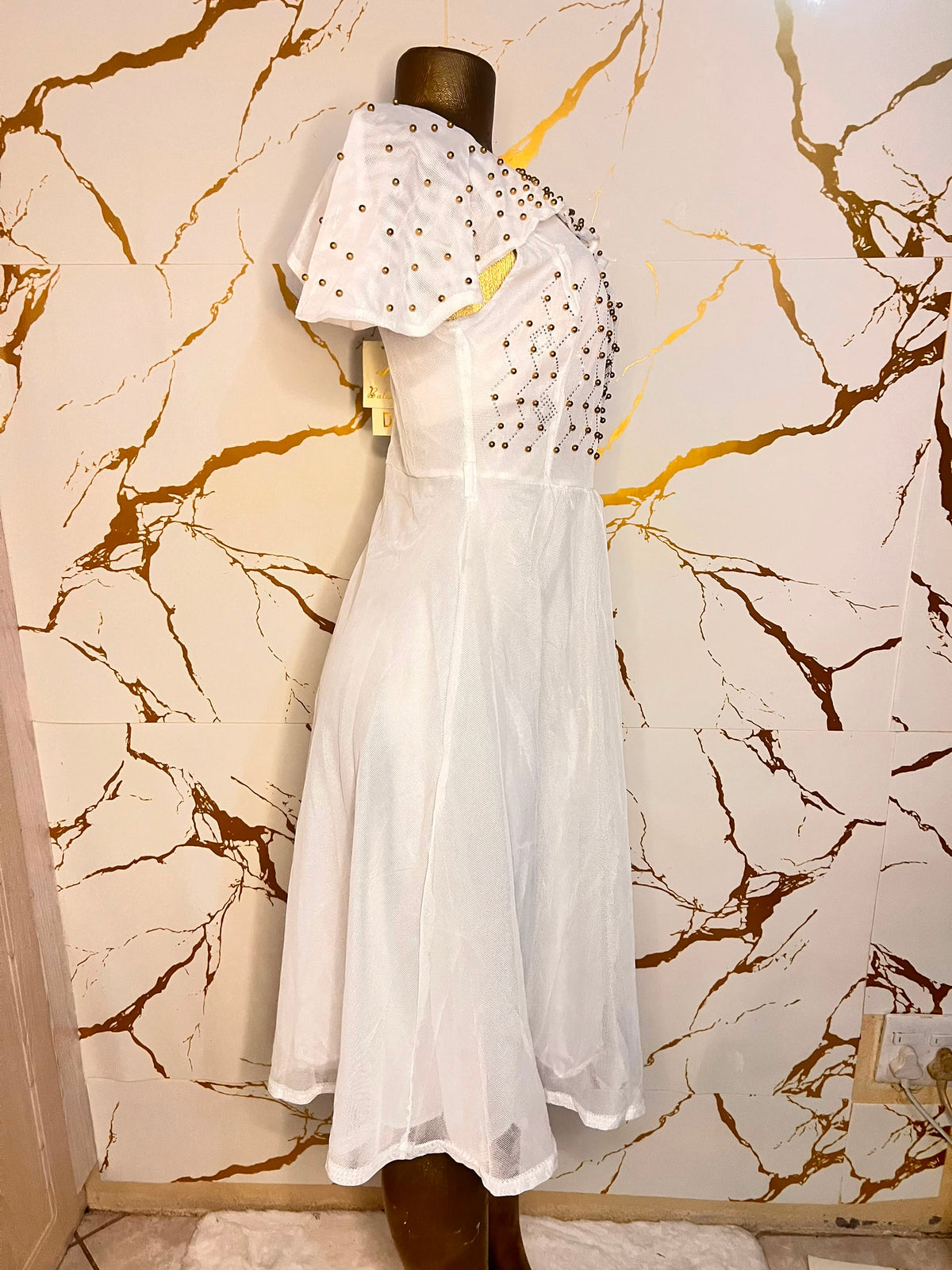 White short-sleeve midi dress with a sheer embroidered bodice and flared skirt