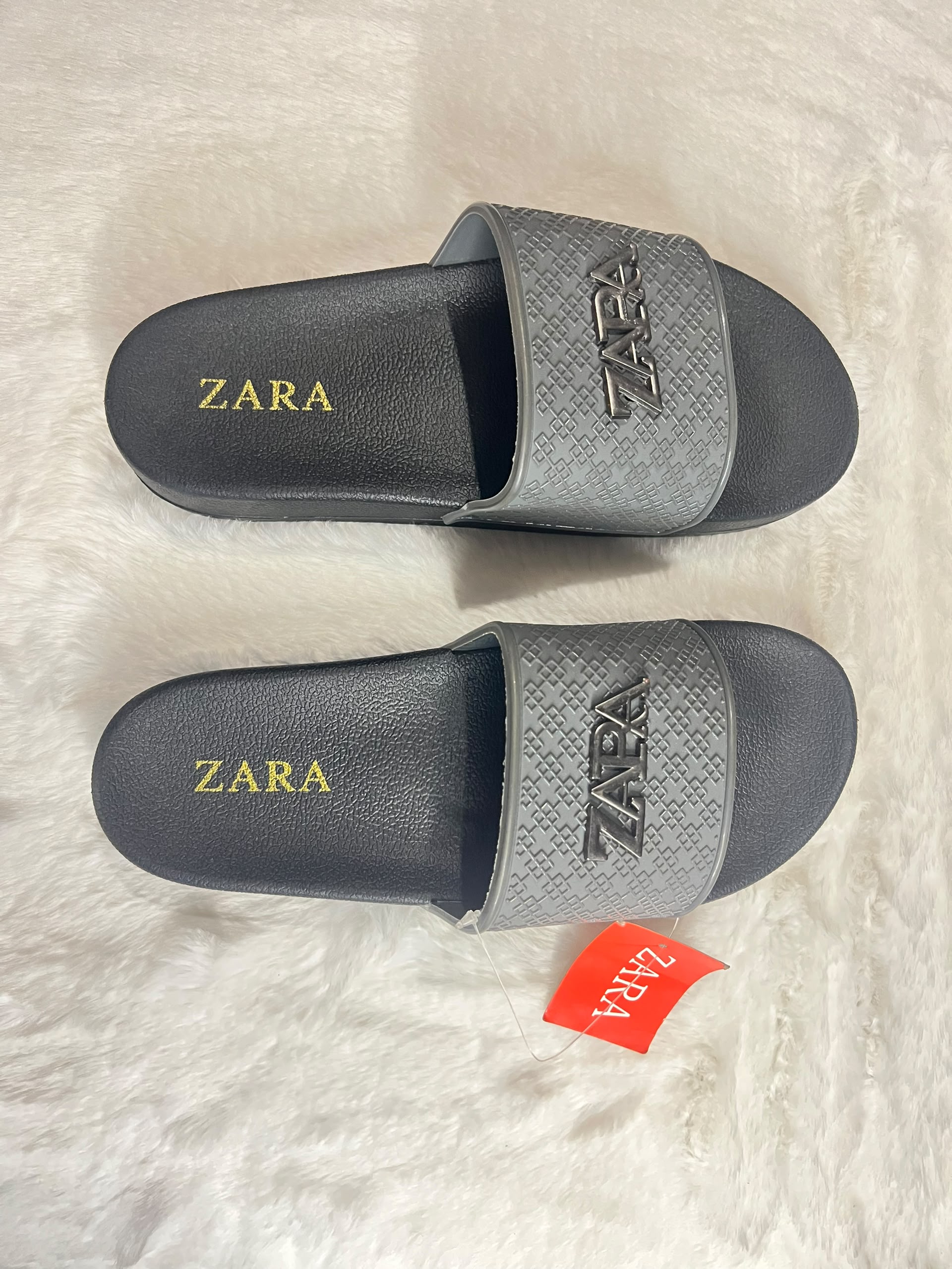 Zara slide sandals with a textured gray strap