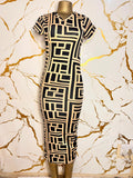 A short-sleeve V-neck bodycon dress with a black and beige geometric maze-like pattern